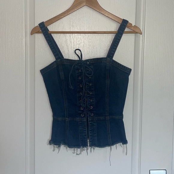REFORMATION Denim LEXI Crop Blue Sleeveless Square Neckline Bustier Tie Front 4 - Picture 2 of 12